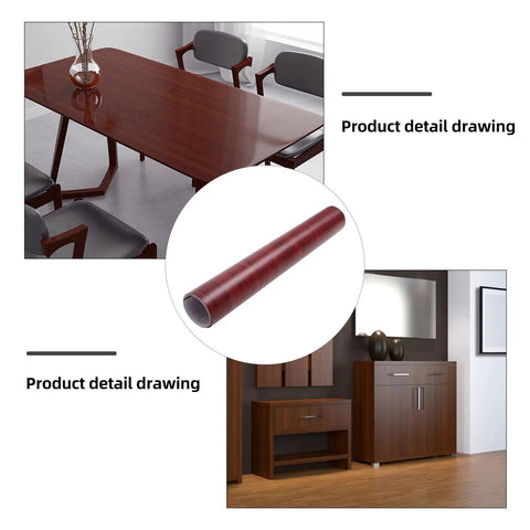 Brown Wood Grain Peel And Stick Wallpaper For Furniture Makeover Self Adhesive Cabinet Cover Easy Install showcased on a dining table and roll.