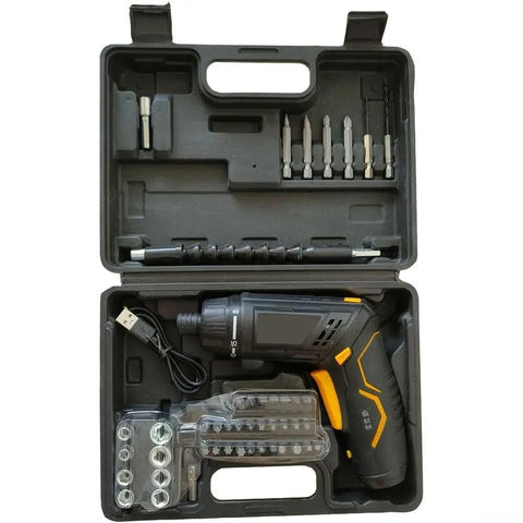 Heavy Duty Brushless Cordless Drill With Hella Powerful Torque For Wood And Metal Includes Full 47 Piece Accessory Set in closed case.