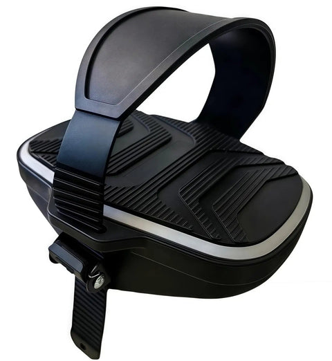 Close-up of Spin Bike Pedals With Adjustable Straps, Nine Sixteen Inch Spindle, heavy-duty PP plastic body, non-slip grip surface.