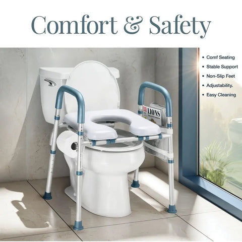 Adjustable Heavy Duty Toilet Seat Riser With Armrests For Seniors Holds Up To 400 Pounds in a modern bathroom.