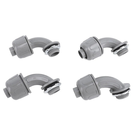 Heavy Duty Nylon 6 Liquid Tight Connector 1/2 Inch Npt 90 Degree Angled Design gray flexible cable gland images from multiple angles.