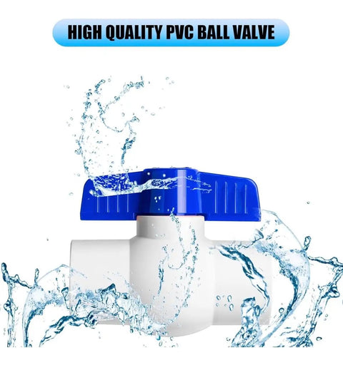 Heavy Duty 1/2 Inch PVC Ball Valve Sch40 Socket To Socket Shut Off Valve For Plumbing Irrigation Pool Spa With Blue Handle And Built Tough Zero Drip Seal Pack Of 5 with water splashing around it