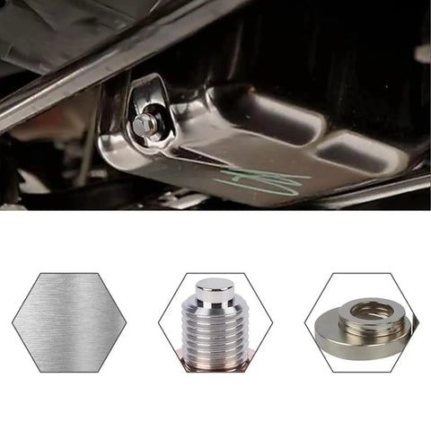 Magnetic Oil Drain Plug Kit With 5 Copper Crush Washers installed in oil pan, stainless steel bolt, close-up view.