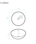 Technical diagram of the Sublime Round Vessel Sink in Matte Black with Above Counter Installation, showing dimensions and drain size.