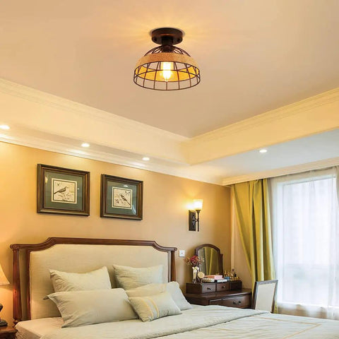Two Pack Black Industrial Woven Dome Ceiling Light Fixtures With Rattan Shade in a bedroom setting