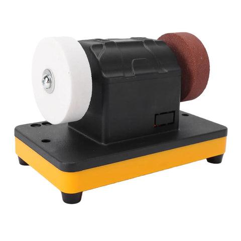 Badass Compact Cordless Mini Bench Grinder 3 Inch with two grinding wheels for polishing tasks in garage or shop.