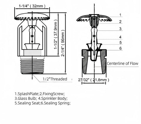 Heavy Duty Upright Fire Sprinkler Head For Automatic Systems With No Sweat Install And Sure Thing 155 Degree Fahrenheit Activation In Chrome Finish For Solid Peace Of Mind Protection Pack Of Six diagram with detailed measurements.