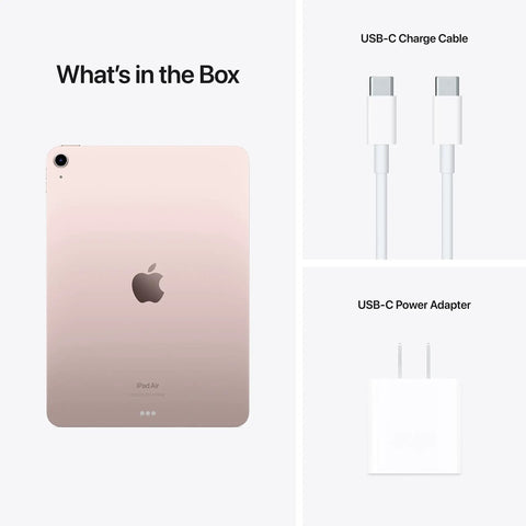 Next Level iPad Air Fifth Gen Serving Hella Fast Processing With That Sweet M1 Chip Inside A Sharp Ten Point Nine Inch Liquid Retina Display Plus Sixty Four Gigabytes Storage And Super Quick Wireless Connection In Gorgeous Pink with USB-C cable and power adapter.