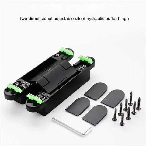 Heavy Duty Hydraulic Buffer Door Hinges With Silent Adjustable Damping For Smooth Invisible Installation On Interior And Exterior Doors showing hinge with green clips and installation parts.