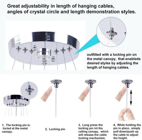 Adjustable cable system for LED Modern Crystal Ring Pendant Chandelier With Two Adjustable Rings And K9 Crystals, locking mechanism demo.