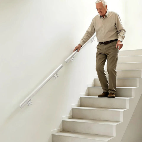 Heavy Hitter Wall Mounted Stair Handrail Built Tough From Rust Proof Stainless Steel With A Sleek Silver Finish delivering support on stairs.