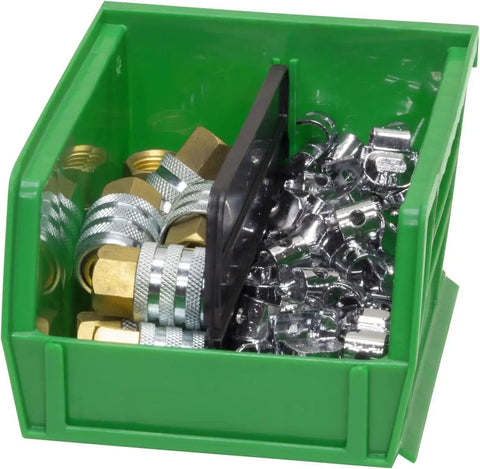 Hella Tough Stackable Plastic Storage Bins 5 X 4 X 3 Inch Green 24 Pack Heavy Duty Small Parts Organizer Box filled with hardware.