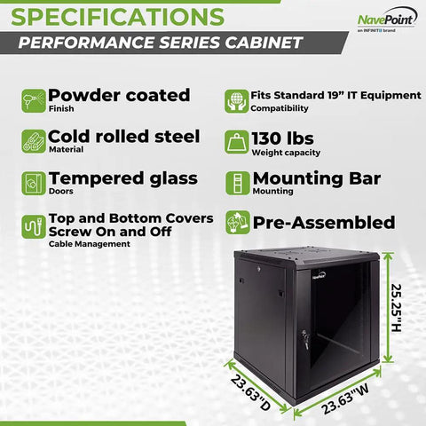 12U Wall Rack Server Cabinet With Dual Cooling Fans Locking Glass Door And Removable Sides Heavy Duty 19 Inch Network Enclosure For IT Gear side view with specs displayed