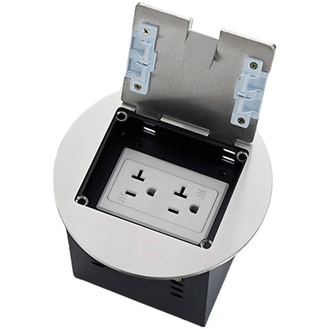 Top Shelf Recessed Floor Outlet With Six Hole Stainless Steel Round Hidden Electrical Box And Splash Proof Cover For Zero Hassle 20 Amp Power In Homes Offices And Commercial Spaces, showing open lid.