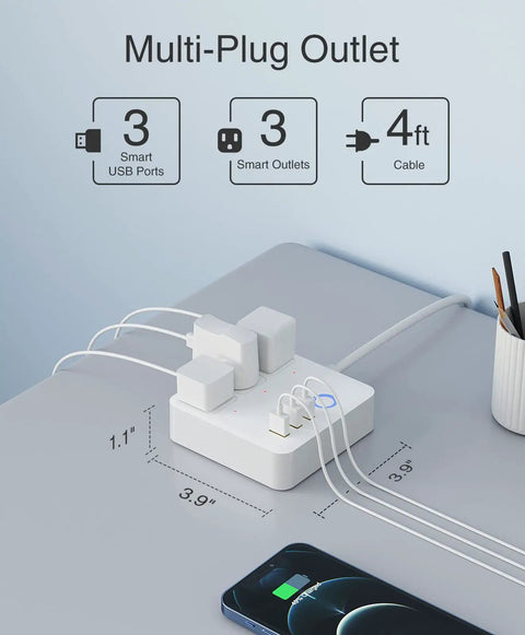 Smart Power Strip With USB Ports And 3 Individually Controlled Outlets, Surge Protector, WiFi Timer on desk