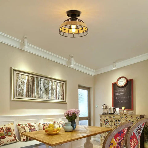 Two Pack Black Industrial Woven Dome Ceiling Light Fixtures With Rattan Shade in a modern dining room setup