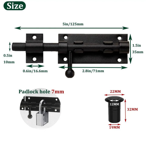 No Sweat Security With These Heavy Duty Black Stainless Steel Slide Bolts And Barrel Locks Perfect For Gates Barn Doors And Porch Entrances Features Built Tough As Nails Construction Includes Two Pack, 5 inch slide bolt dimensions.