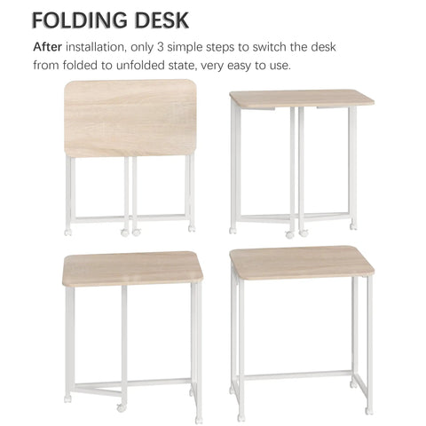 23.6 Inch Mobile Rolling Computer Desk With Wheels Folding Laptop Cart Table For Small Spaces Portable Home Office Desk On Casters Natural And White Finish, Compact Rollaway Desk For Couch Or Bed, Space Saving And Easy Fold, shown in folded and unfolded states