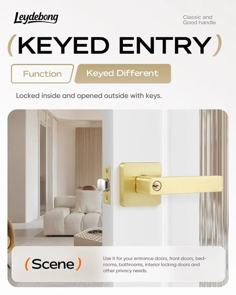 Gold door lever shown installed in a modern living room setting, part of the 3 Pack Gold Entry Door Levers With Different Keys set.