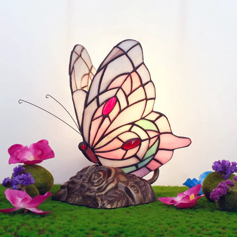Tiffany Style Stained Glass Butterfly Table Lamp With Pink Butterfly Accent, Small Desk Lamp 7 X 9.8 X 5 Inches, Antique Bronze Resin Base