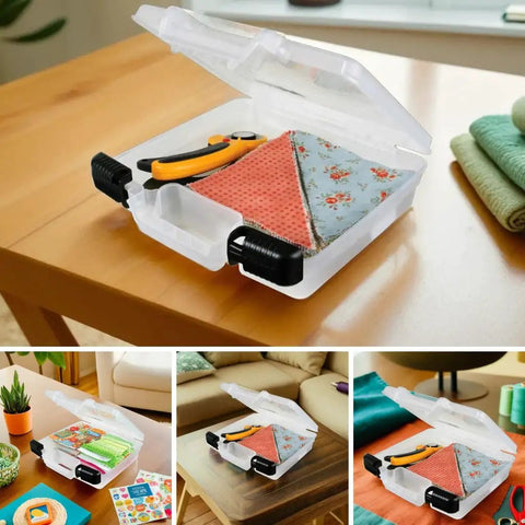 Straight Up Durable 10 Inch Quick View Deep Case For Arts And Crafts with fabric and tools organized inside on a table.