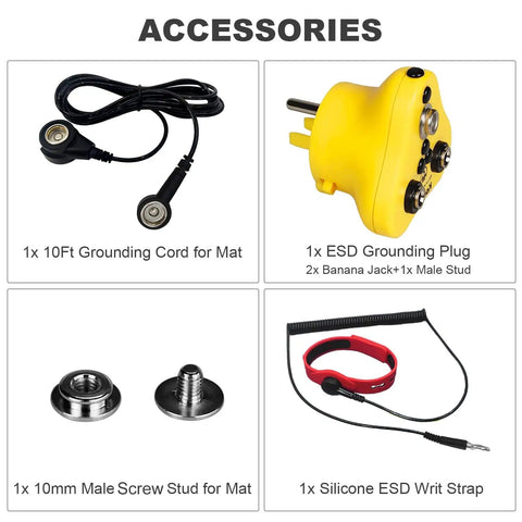 4 In 1 ESD Grounding Kit With Anti Static Wrist Strap ESD Plug Screw Stud And 10 Ft Grounding Cord With 2 Banana Jacks For Antistatic Bench Table Floor Mat Ground By Outlet Socket Silicone Wristband showing accessories
