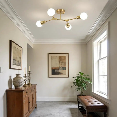 Room with modern decor and ceiling light; not the Black Sputnik Chandelier 12 Lights Modern Metal Semi Flush Mount Ceiling Light Fixture.
