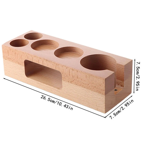 Premium 58mm Wooden Espresso Tamping Station Featuring Five Dedicated Holes For Dosers Needles And Tools To Handle The Morning Hustle Smooth While Keeping Your Home Barista Setup Locked Up And Fresh, solid beech wood.
