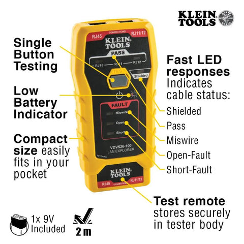 Handheld yellow RJ45 Ethernet Cable Tester with LED indicators and testing capabilities for Cat5e and Cat6 cables from Klein Tools.