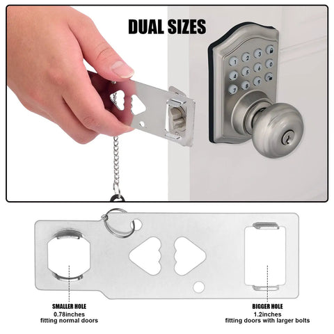 Heavy Duty Portable Door Lock Hella Solid Travel Self Defense Security Device Rust Resistant Stainless Steel showing dual sizes.