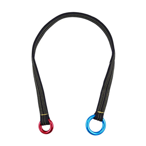Pro Grade Arborist Friction Saver Tree Climbing Sling With Bomber Polyester Webbing And Lightweight Aluminum Carabiner featuring red and blue rings.