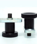 Heavy Duty Flange Mount Indexing Plunger Spring Pin With Top Shelf Plastic Knob For Hardcore Machining Workflows And Rock Solid Part Clamping Using GN608 Model Configuration For Reliable Repeatability, showing two black knobs with steel flanges.