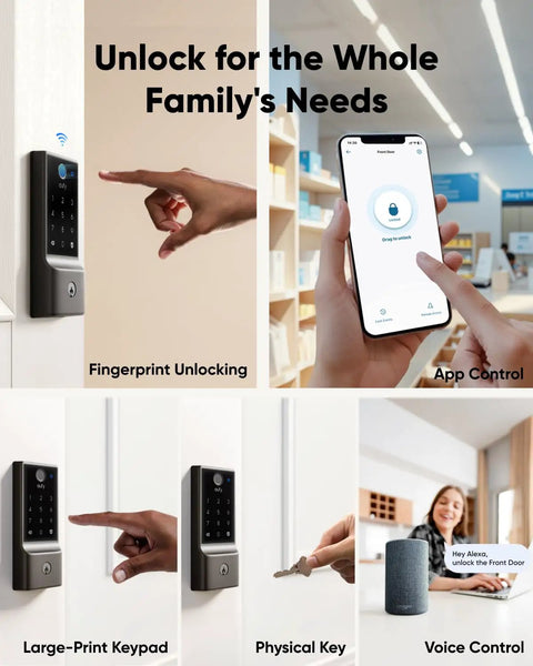 Zero Sweat Plug And Play Keyless Entry Door Lock With Fingerprint Scanner And Built In Wireless Hub For Smart Home Automation compatible with app control and voice commands.