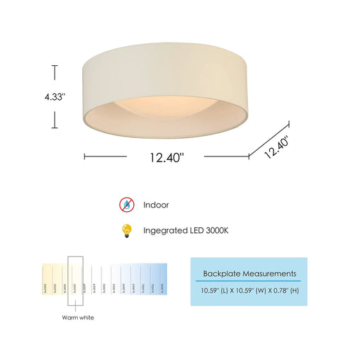 Orme 12 Inch Flush Mount LED Ceiling Light Fixture Dimmable White with measurements, indoor use and 3000K warm white light output