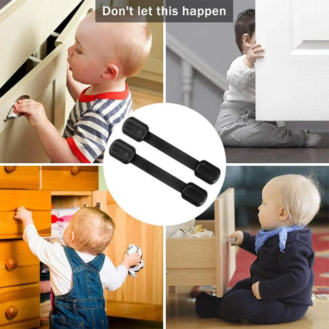 Collage showing 8 Pack Adjustable Strap Child Safety Cabinet Locks For Cupboards Drawers Closets with kids near cabinets.