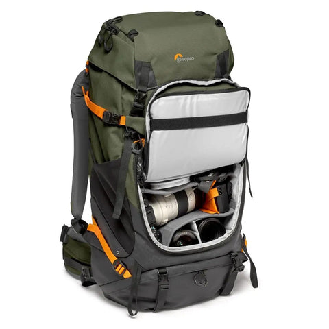 PhotoSport Pro 55L AW IV Camera Backpack For Mirrorless And DSLR Gear Medium To Large Green with open compartments showing lenses