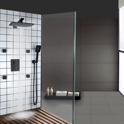 Slick Black Thermostatic Shower System Featuring A Rad 12 Inch Rain Head And Three Mode Handheld Sprayer For A Smooth Bathroom Upgrade And Spacious Tub Combo in modern tiled shower.