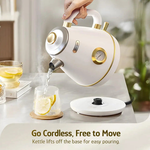 Retro Electric Kettle With Thermometer 1.7 Liter All Stainless Steel 1200 Watt Fast Boil Cordless BPA Free Auto Shut Off With Precise Temperature Reading Pearl White Kitchen Essential