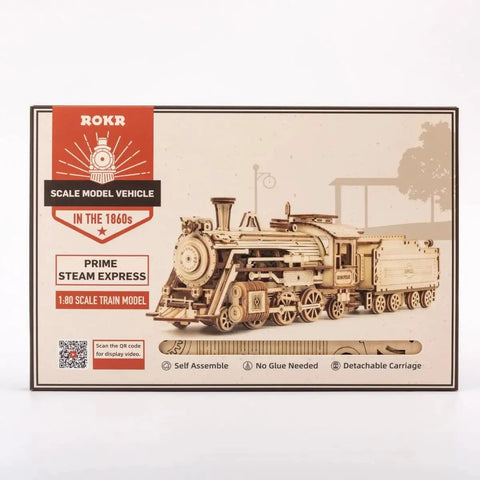 Packaging of ROKR steam express 1:80 scale train model, self-assemble with no glue, showcasing detailed vintage train illustration.