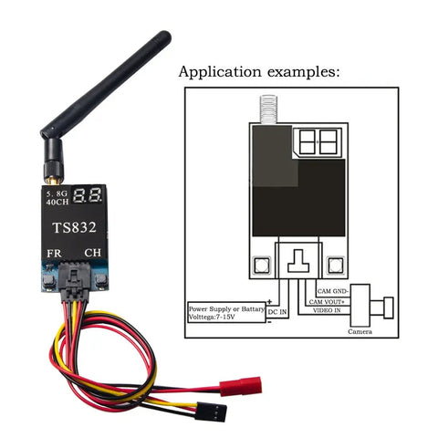 5.8GHz FPV Transmitter And Receiver For Drones, 600mW, 40 Channels, showing TS832 model with wiring diagram