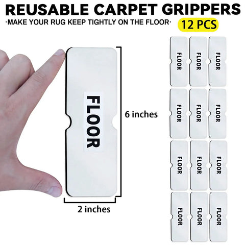Non Slip Rug Gripper Pads For Area Rugs And Carpets, 12 Pieces showing size and thickness in hand, helps keep corners flat