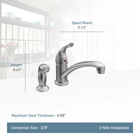 Diagram of Single-Handle Low Arc Kitchen Faucet Chrome Finish With Aerated Spray dimensions and installation details, 2-hole.