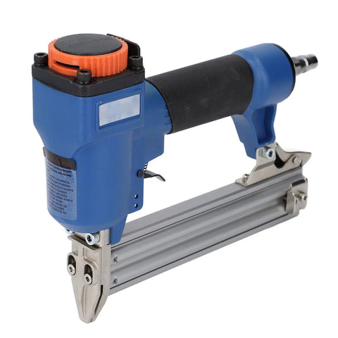 Pro Grade Pneumatic Brad Nailer 18 Gauge Air Powered Nail Gun Made For Woodworking Hustlers in blue with ergonomic grip and adjustable settings.