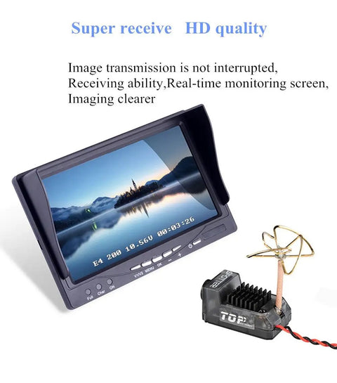 All In One FPV Camera And Video Transmitter For Mini FPV RC Drones 5 8GHz AIO with OSD, display showing landscape, adjustable VTX