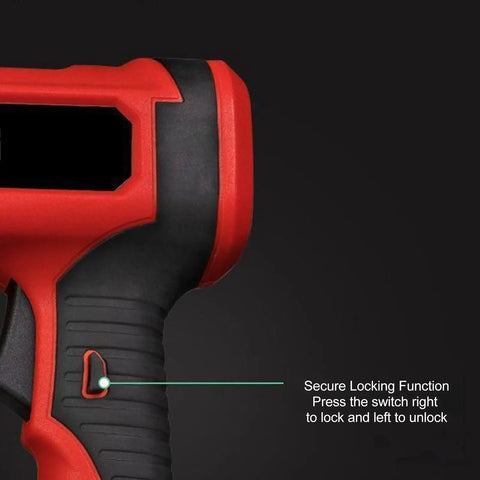 Close-up of the handle of the Cordless Brad Nailer And Staple Gun Combo Battery Powered Electric Nail Tool With Dual Fire Modes, showing secure locking function.
