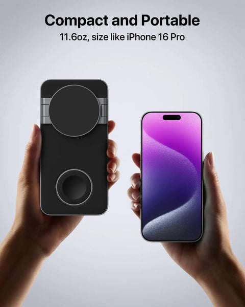 Person holding Foldable 3 In 1 Magnetic Wireless Charging Station For Apple MagSafe Charger Stand next to iPhone 16 Pro.