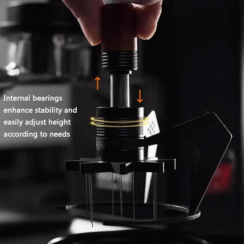 Height Adjustable 58Mm Espresso Stirrer Coffee Needle Distributor For Even Ground Spread, showing height adjustment feature and internal bearings.