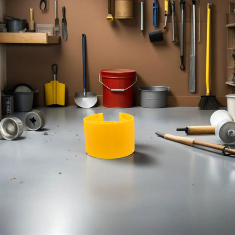 Built Different Yellow Column Protector Wrap For Warehouse Vertical Beam Support And Anti Collision Post Cover With Forklift Impact Shield For Grocery Store Safety Boss Level in workshop setting.