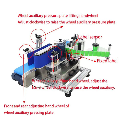 No Sweat Automatic Desktop Labeling Machine For Round Bottles High Speed Conveyor With Smart Touch Screen showing label sensor and adjustable components.