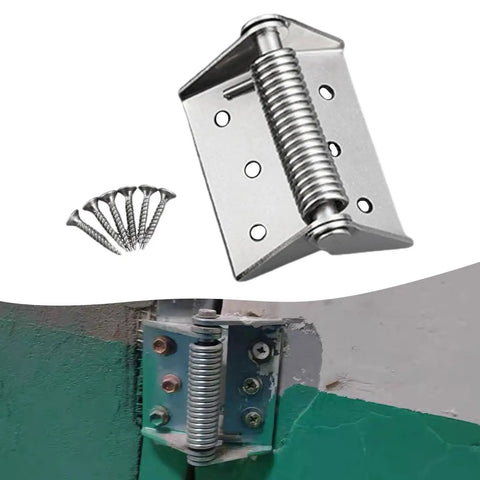 Self Closing Spring Hinge For Fence Gate Heavy Duty Silver Finish Includes Six Screws And Mounting Hardware installed on green fence